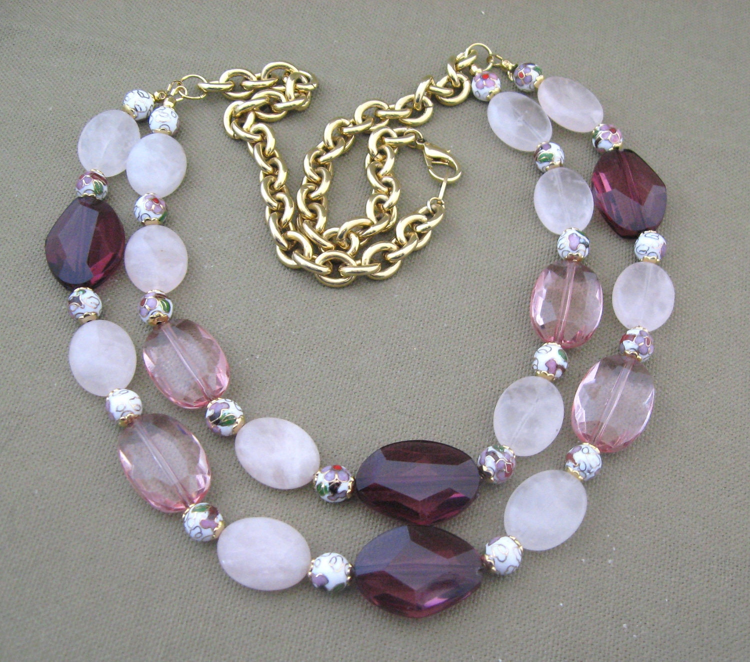 Pink Purple Rose Quartz Cloisonne Bead Necklace