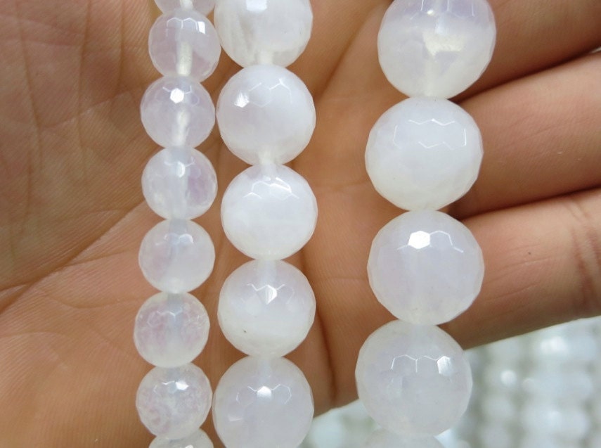 Natural White Chalcedony Faceted Round Ball 12mm Gemstone designer Beads  --33pcs Full Strand