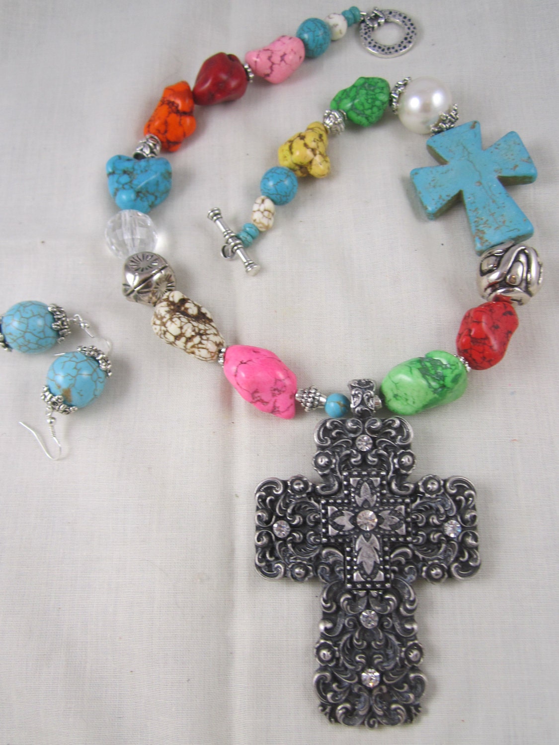 Multicolor Cross Necklace Chunky Turquoise Magnesite Handmade