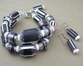 Chunky Black White Stripe Bracelet Beaded Set