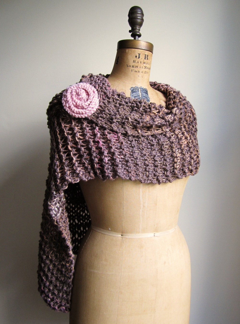 Organic Cotton knit shawl  Mocha Brown. Pink.