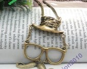 Pretty retro copper beard glasses hat necklace pendant jewelry vintage style