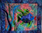 Wall Hanging Fish Quilt Art Applique Fish Lips Blue Batik Aqua Blue Lime Pink
