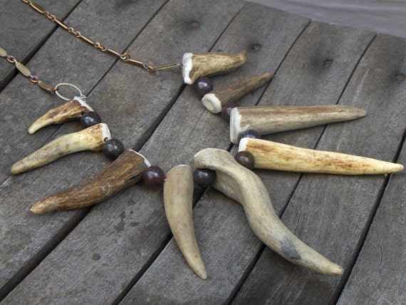 Antler Fringe. Unisex Tribal Genuine Elk and Deer Antler and Blood Jasper Bohemian Necklace.  Handmade by Chymiera on Etsy