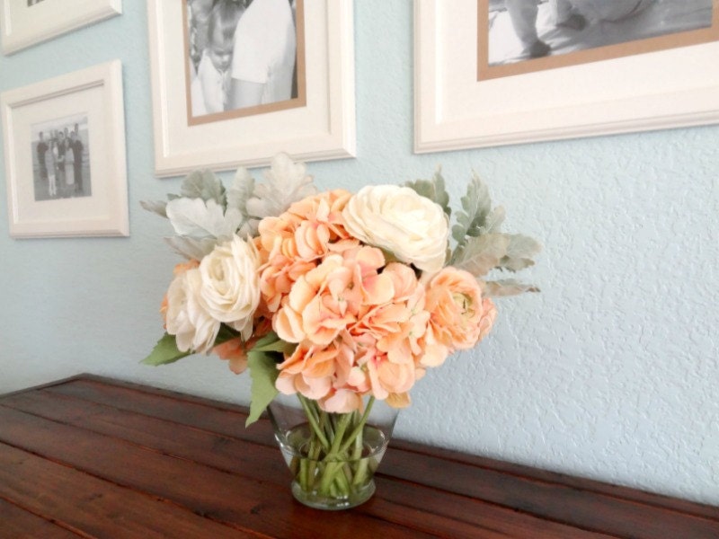 Silk Flower Arrangement - Peach and Cream Hydrangeas and Ranunculus - FortheHome