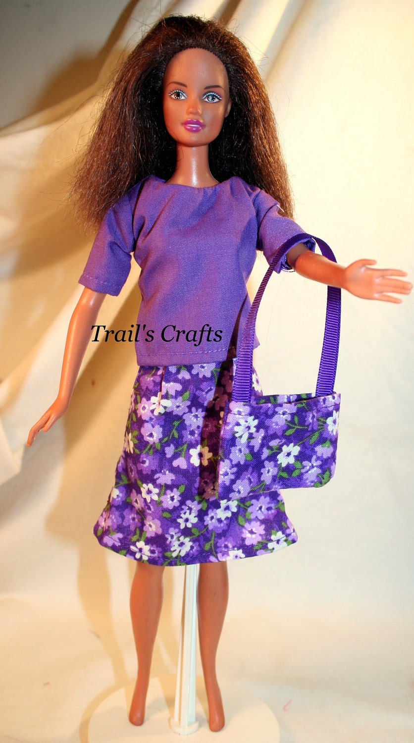 Handmade Barbie Clothes Doll Outfit Shirt & Skirt Style 29 Purple Floral With Purse