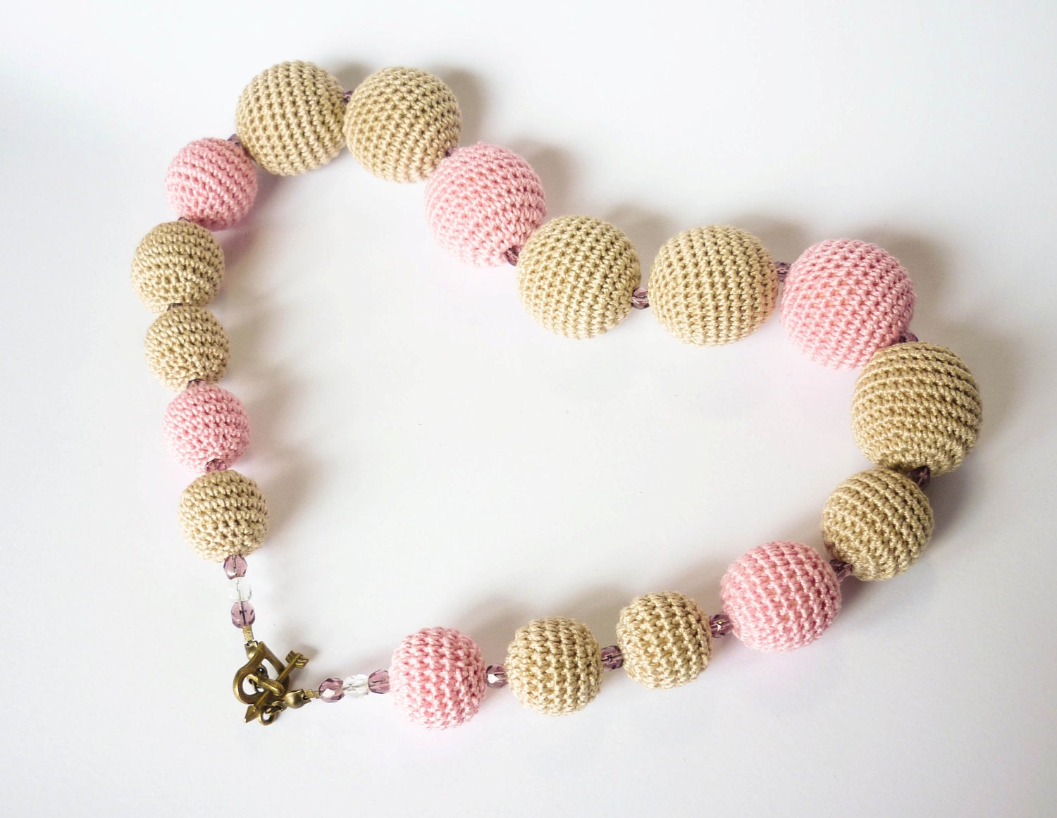 Beige and Pink crochet necklace - Crochet beads necklace - Beige and Pink - For Mom - Under 50 - JanesBeautyStore