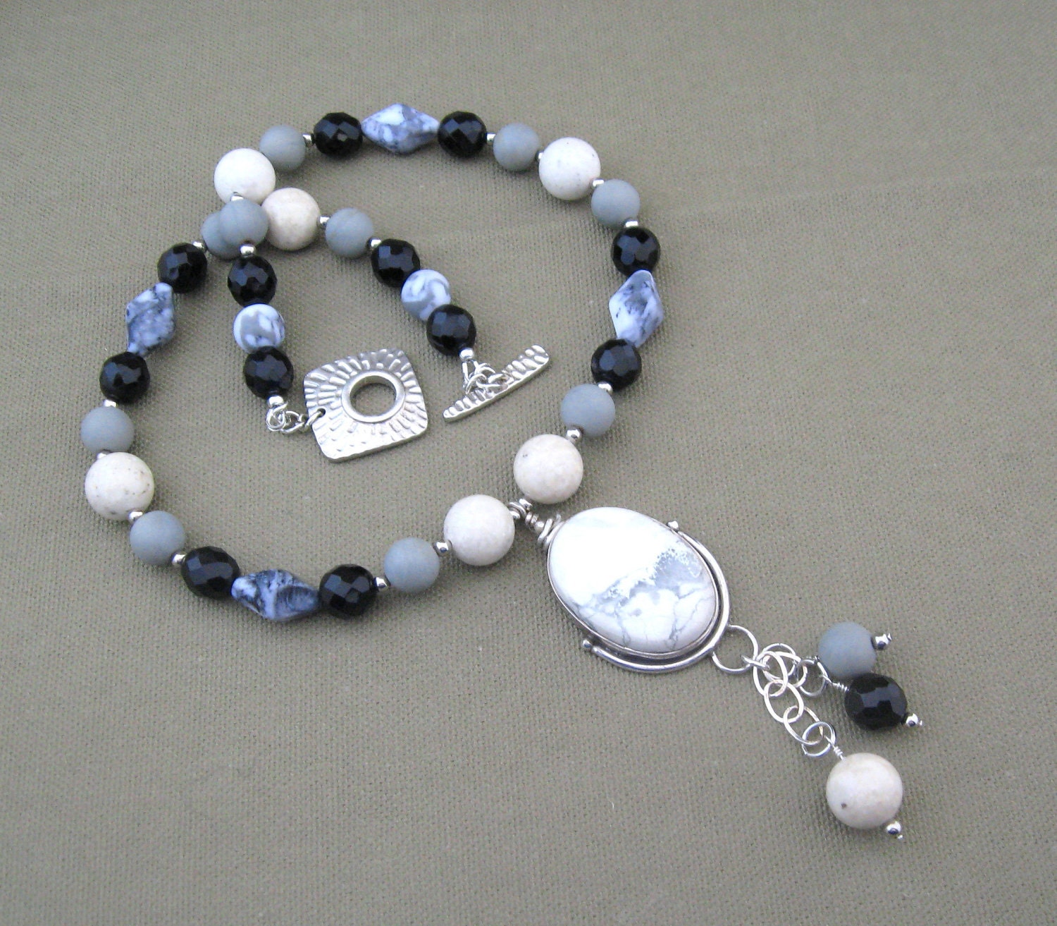 Snow Agate Black White Beaded Pendant Necklace