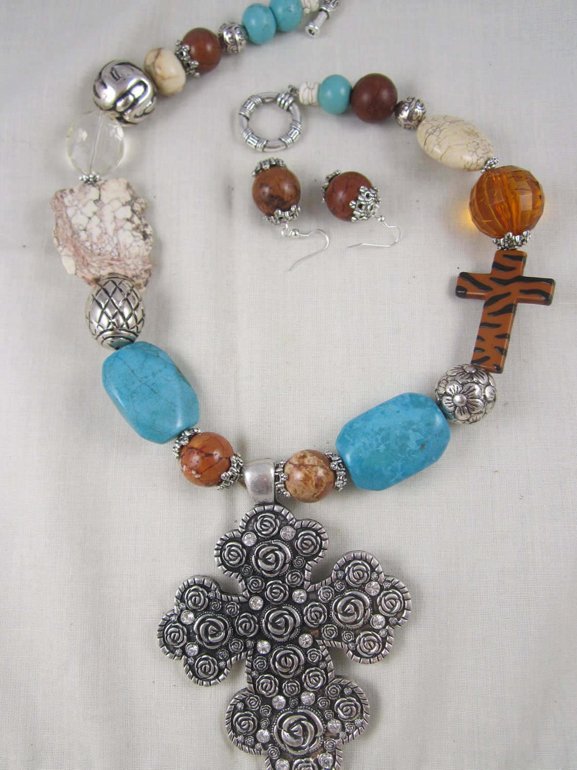 Cross Pendant Turquoise Necklace  Brown Blue
