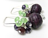 Vinatge Plum Bead Earrings- Purple earrings-Purple Jewlery-Czech Crystal Jewlery-Pruple and Green-Sterling Silver