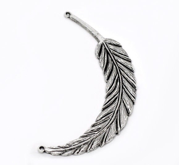1 Large Beautiful Antique Silver Tone Feather Pendant 95x18mm.