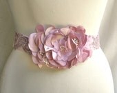 Bridal Wedding Sash Belt, Satin Ribbon, Pearl, Floral, Pink Blush, Custom Colors, Hand Dyed, Weddings