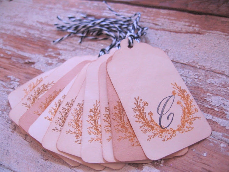 Vintage Style Initial Monogram Gift Tags with Twine 10/pk