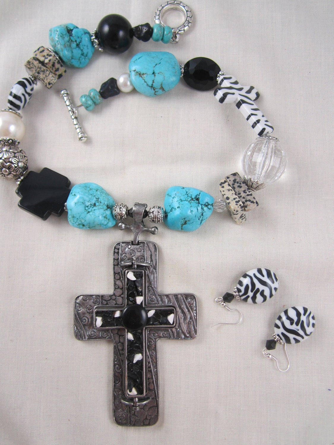 Turquoise Chunky Cross Necklace Zebra Black White