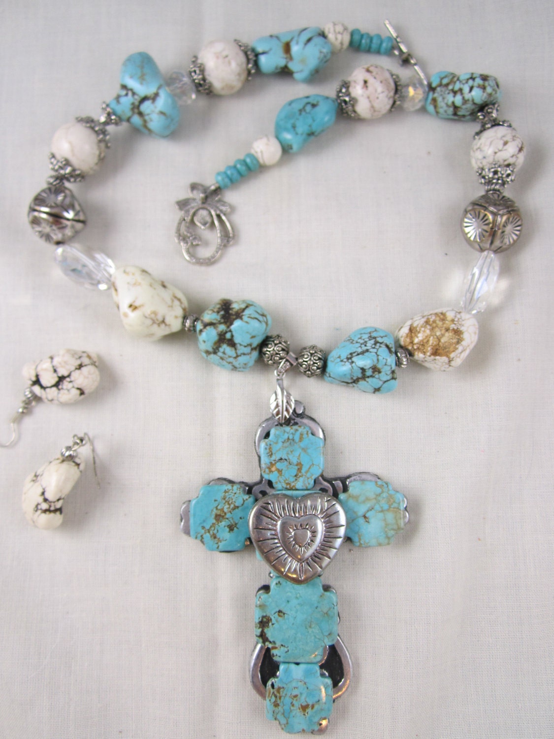 Chunky Cross Heart Necklace White Turquoise Magnesite