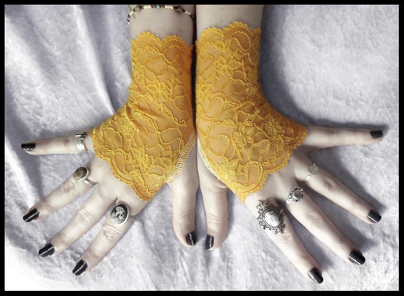 Narcisse Lace Fingerless Gloves - Golden Saffron Mustard Yellow - Dark Fusion Bohemian Victorian Wedding Gothic Bellydance Goth Lolita