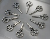 Scissors Charm, Antique Silver, Detailed, 10 pieces