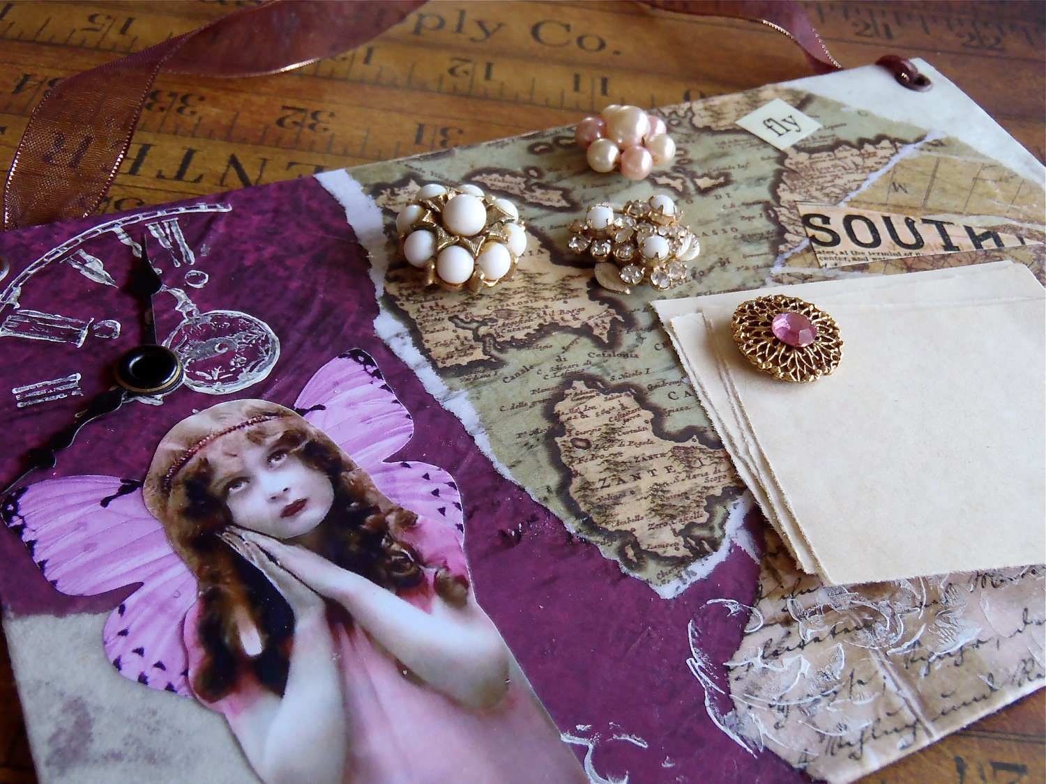 Steampunk Time Keeper Magnet Board - One of a Kind - Collage - with vintage clock hands and vintage earring magnets