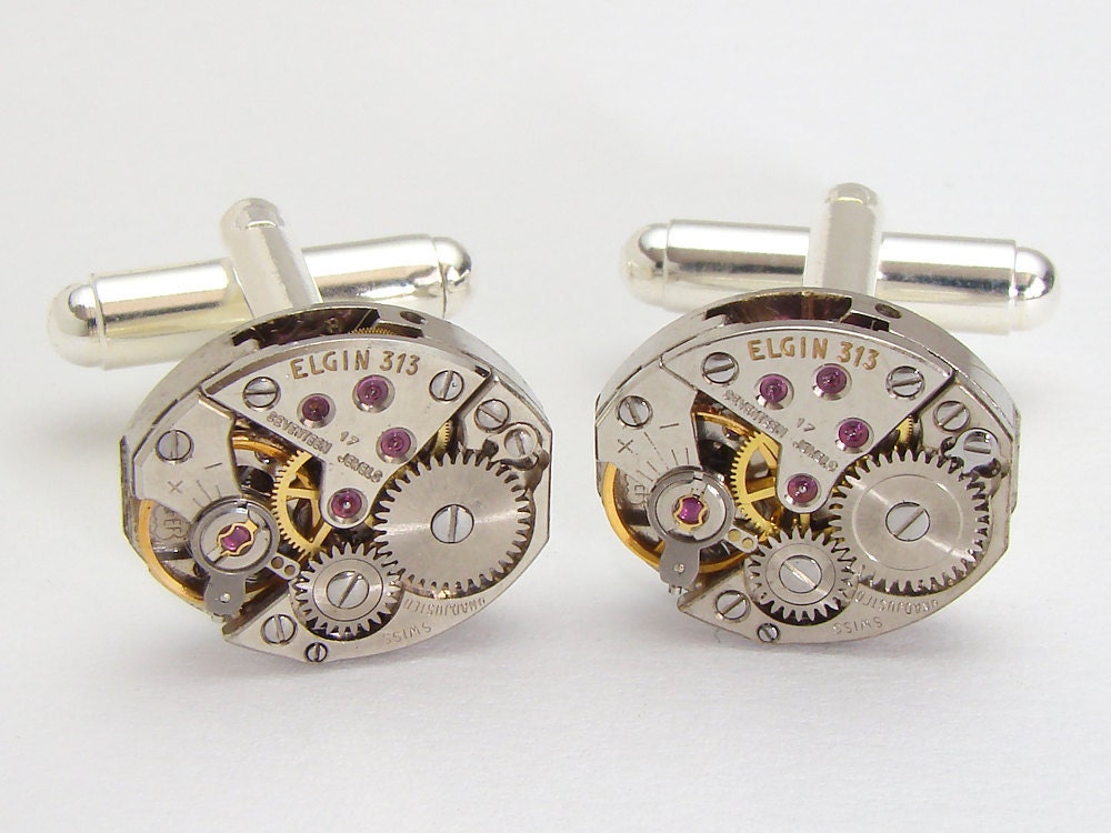 Steampunk cuff links silver antique Elgin petite oval watch movements gears mens wedding anniversary vintage cufflinks Steampunk Nation 1568