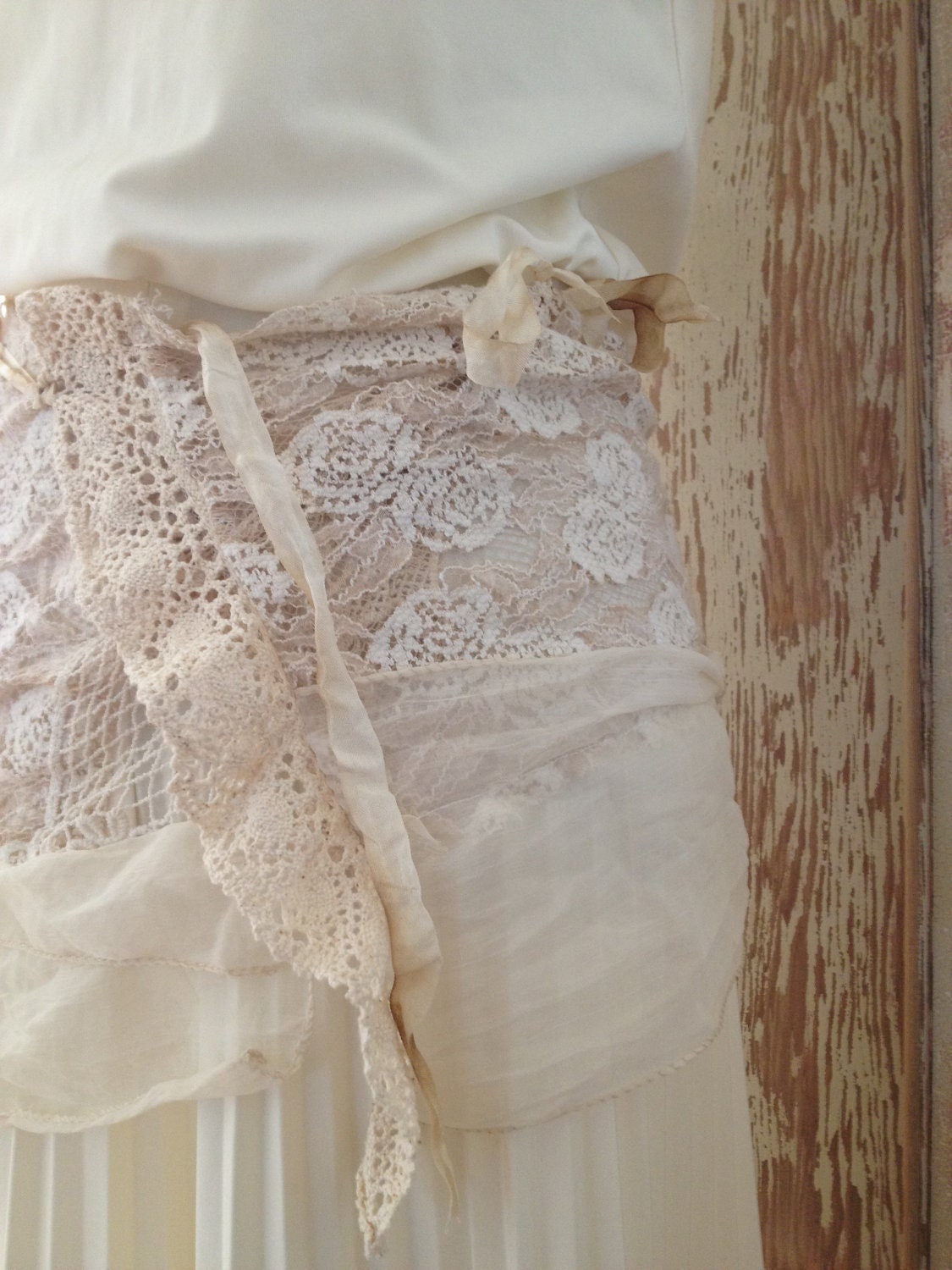 Lace shawl, wrap, hip scarf, cream lace and ribbon OOAK