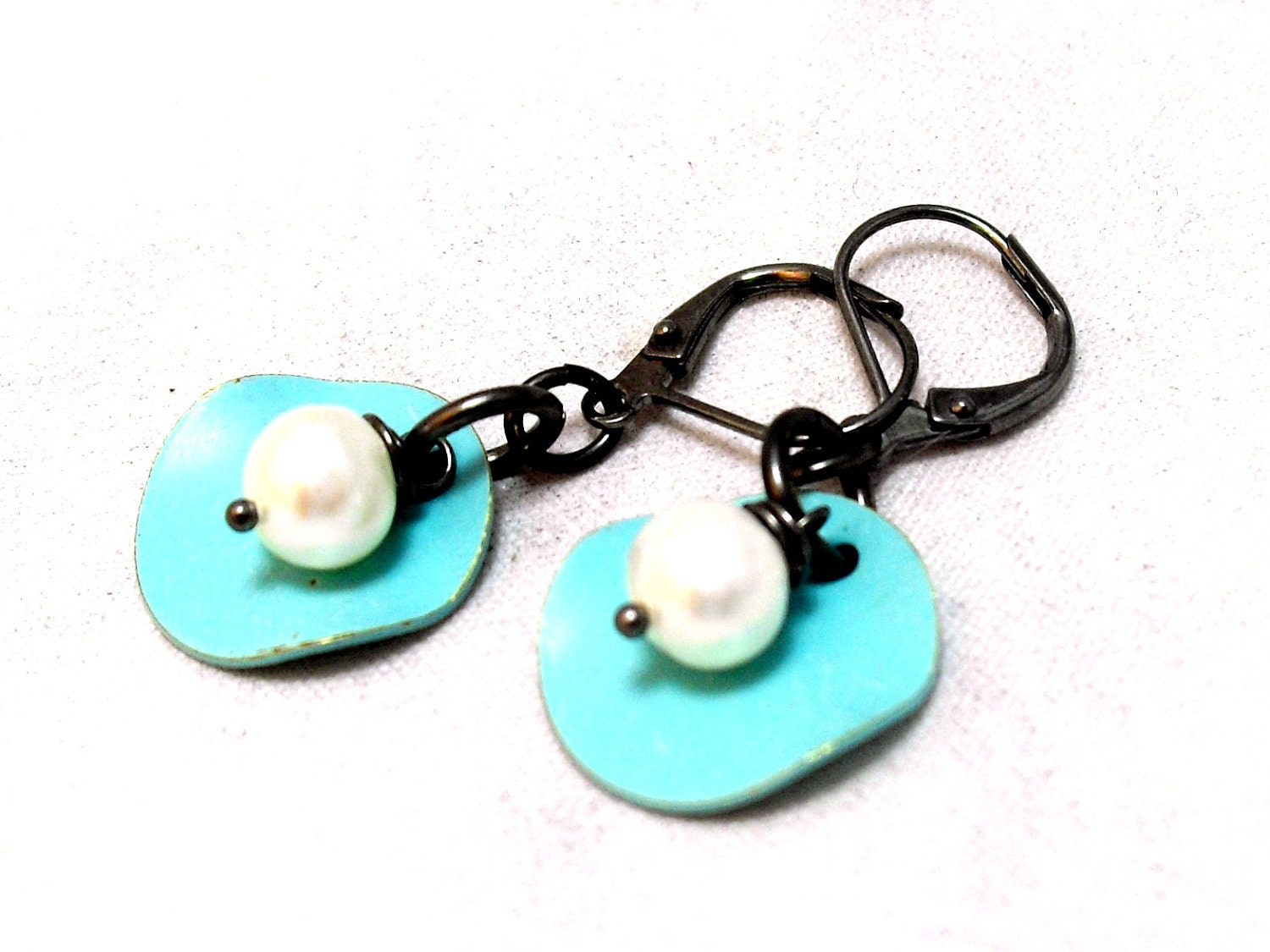 Turquoise GunMetal Earrings with Sweet Pearl