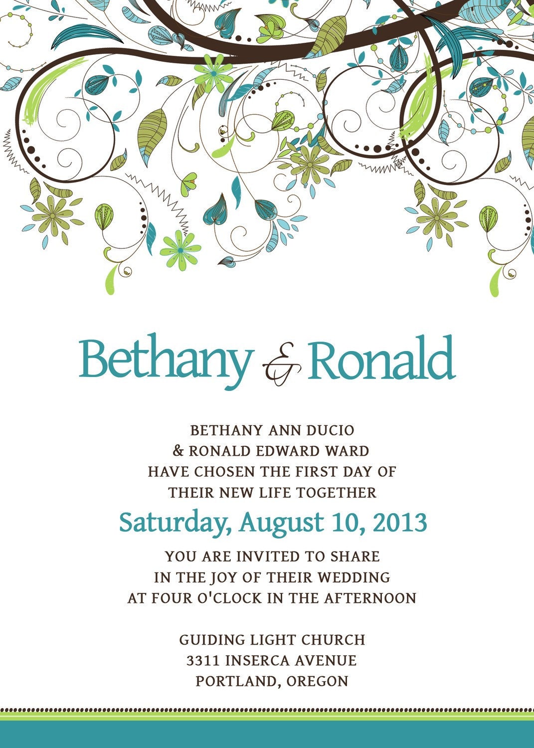 Wedding Invitations Template Kit - PSD - Photoshop - Whimsical - Playful - Frilly - Rococo Style Foliage - Blue Lime Green - Chocolate Brow