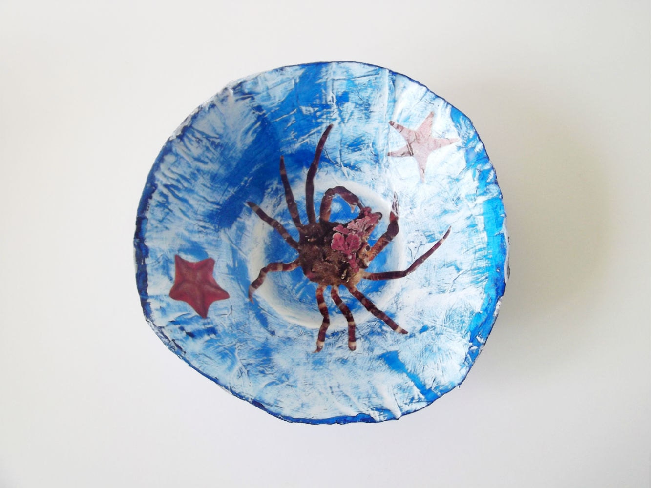 Recycled paper bowl -eco blue sea life home decor, distressed newspaper, ooak - pErix