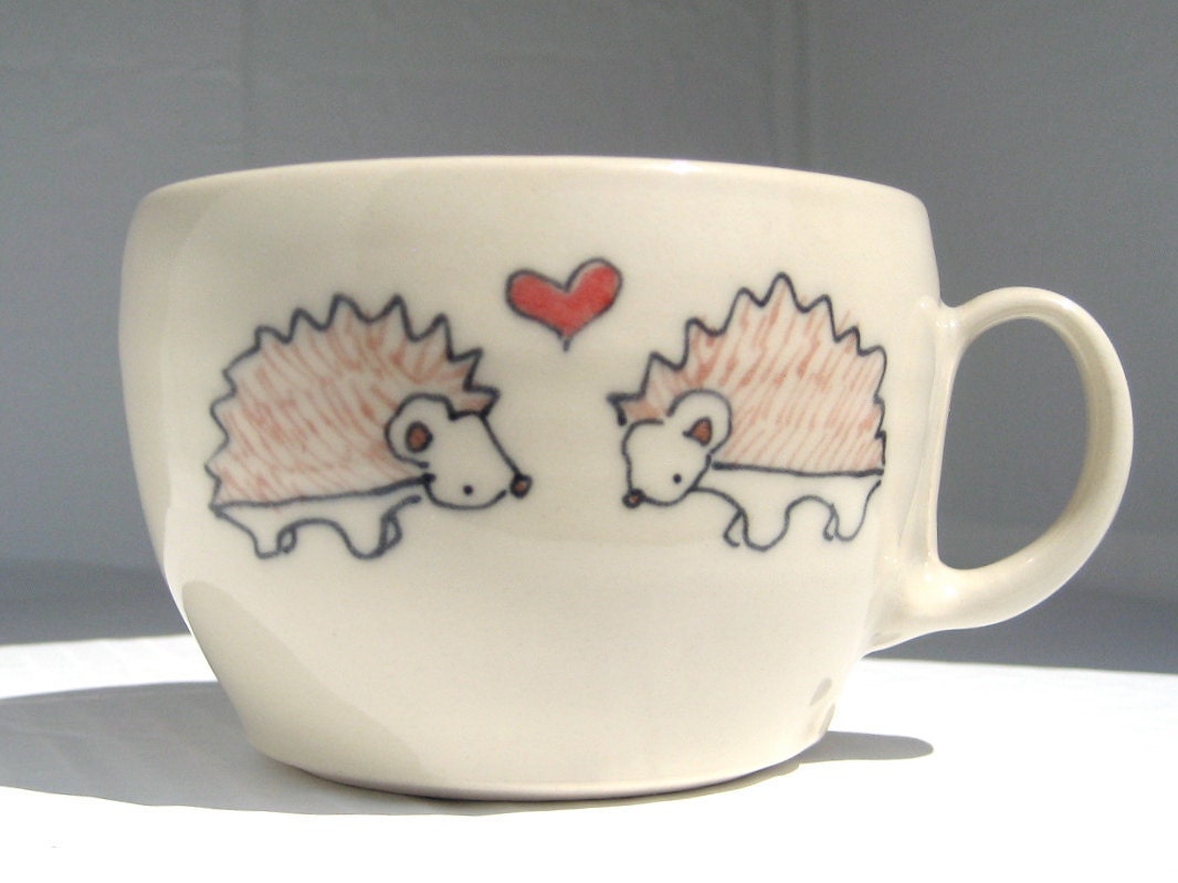 Handmade Ceramic Teacup- Hedgehogs in Love Tea Cup- Handmade Coffee Mug