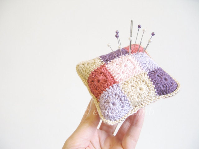 crochet pincushion... Violet - vintage coral, grape soft pink, lilac and beige - MADE TO ORDER - emmalamb