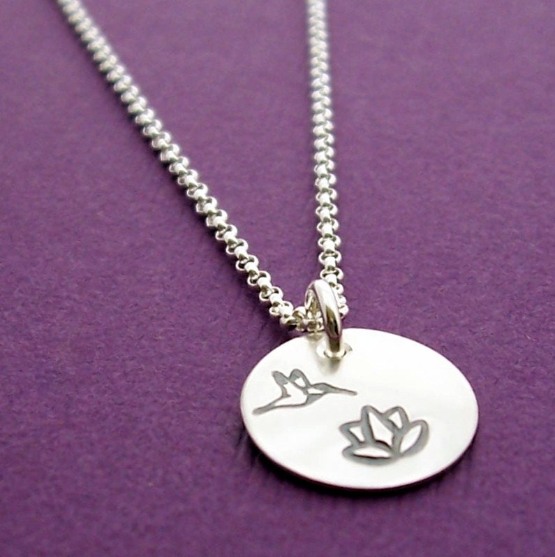 Hummingbird Necklace in Sterling Silver - Hand Stamped Hummingbird and Lily Flower Charm Necklace by Eclectic Wendy Designs