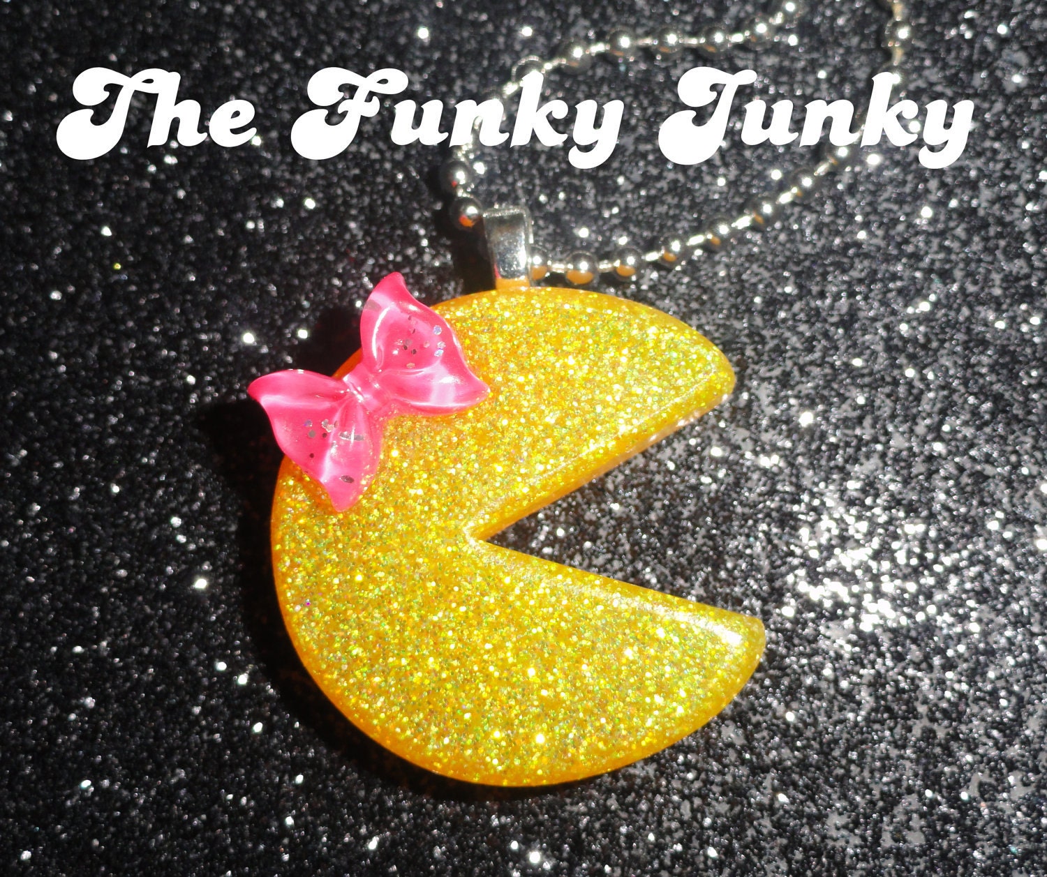 Ms. Pac Man Necklace - Resin Glitter Pendant - Pink Bow