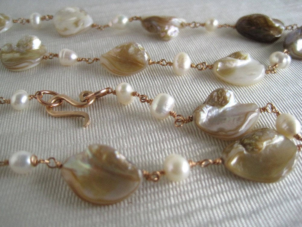 Pearl Shell Long Necklace Wire Wrapped in Brass