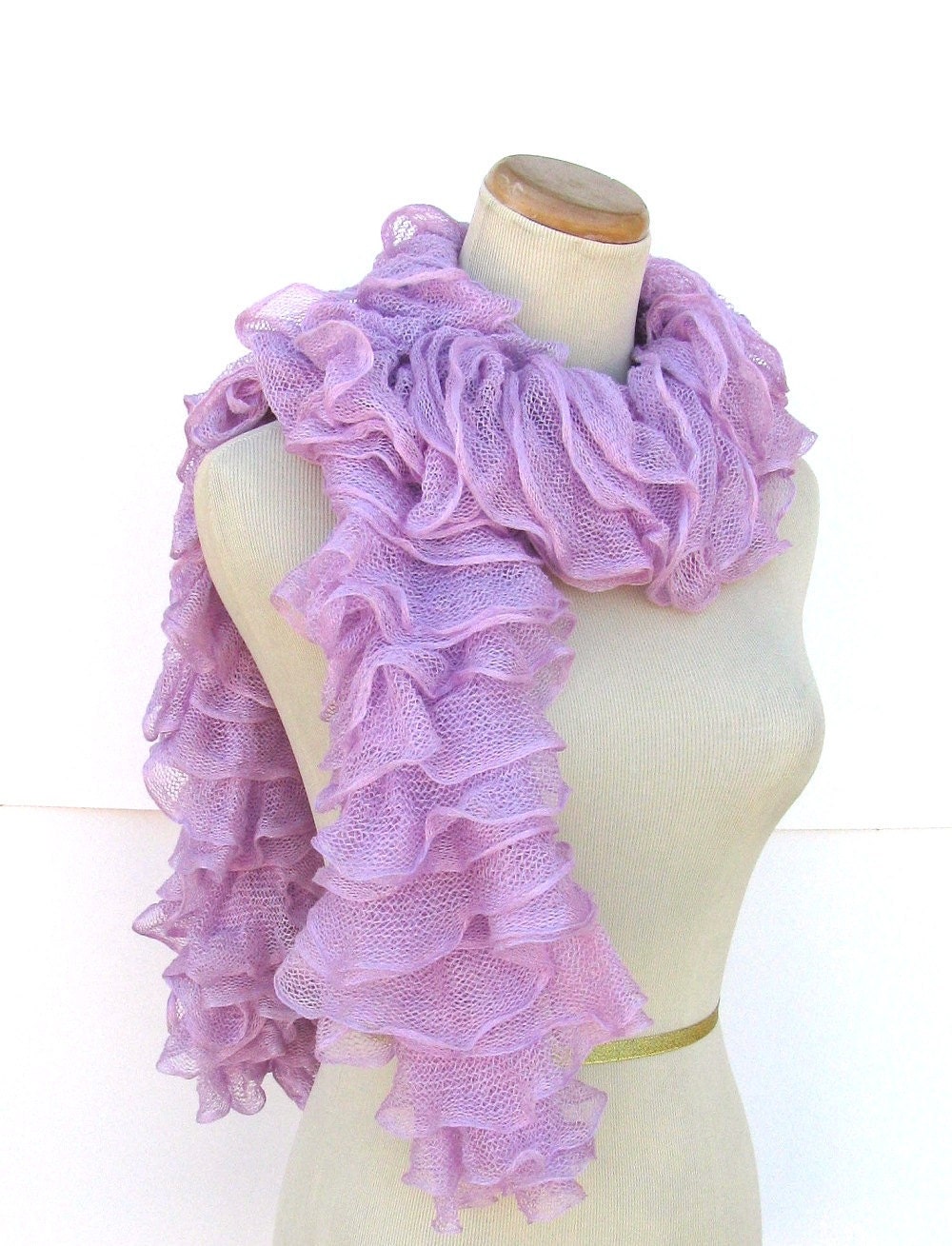 Mothers Day Hand Knit Ruffled Scarf - Lilac Purple
