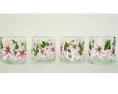 Hand Painted Mugs for Coffee or Tea - Fuschia Pink Star Gazer Lily - Set of 4 Glass Mugs - Housewarming Mothers Day Wedding Shower
