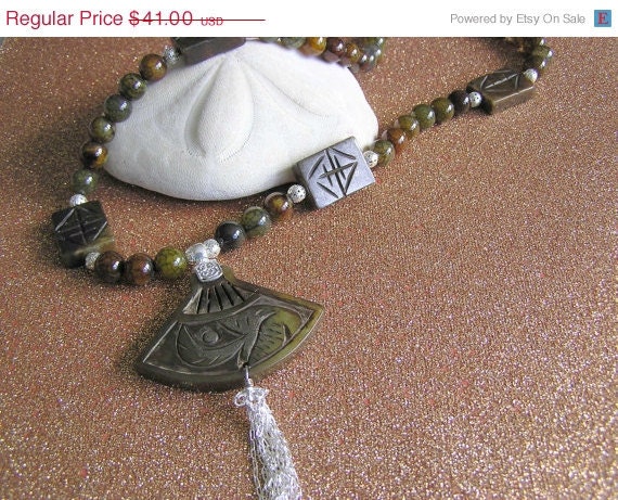 The Fan and The Fish (Necklace of hand carved Jade Fan with a Fish)