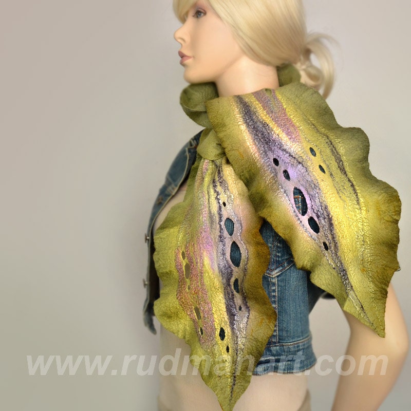SPRING SALE 20% discount Felted Scarf Wool Silk Art hand dyed shredded scarf Green Olive Moss Lilac Mustard Earthy