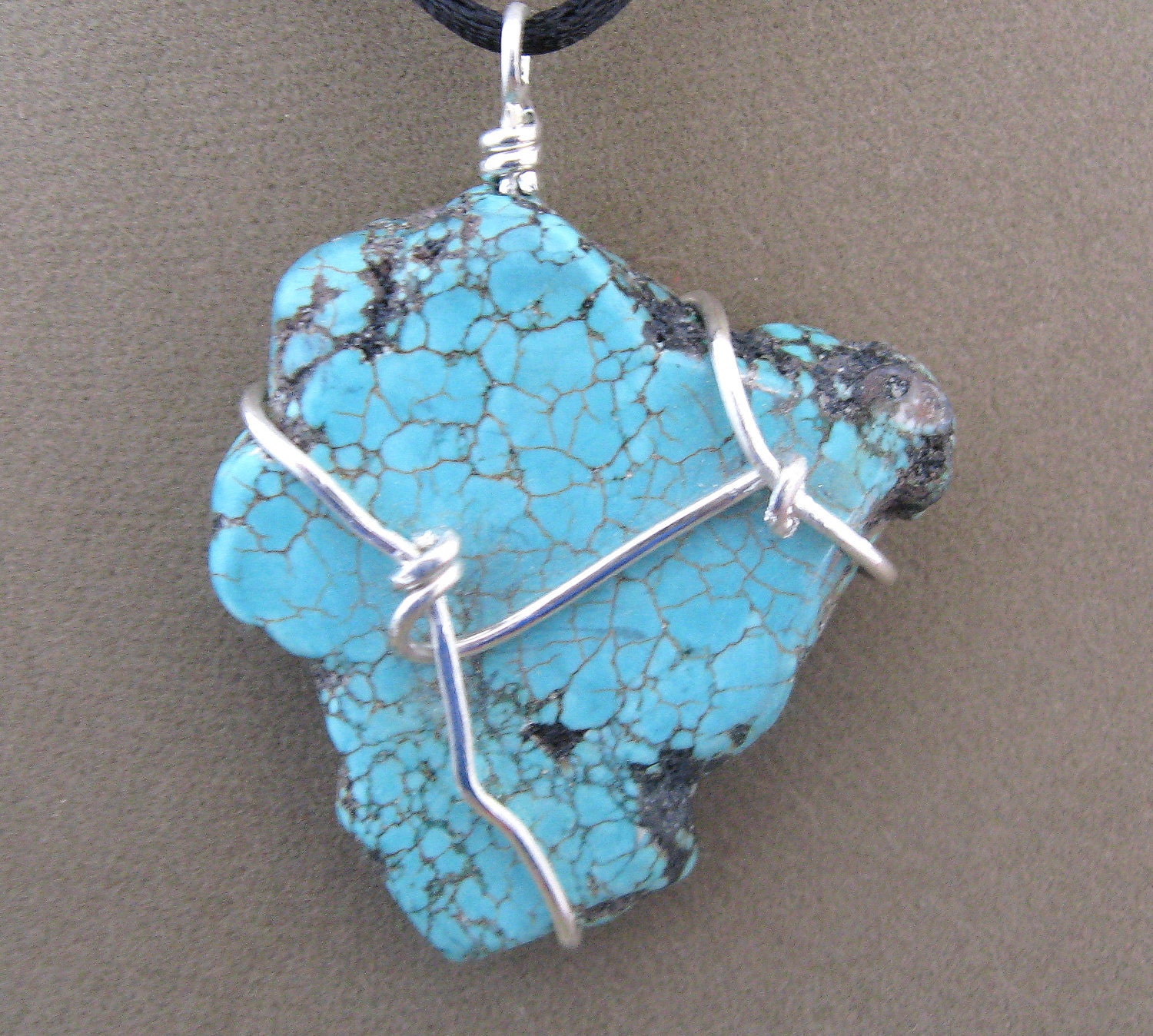 Turquoise Blue Sterling Wrapped Pendant Necklace