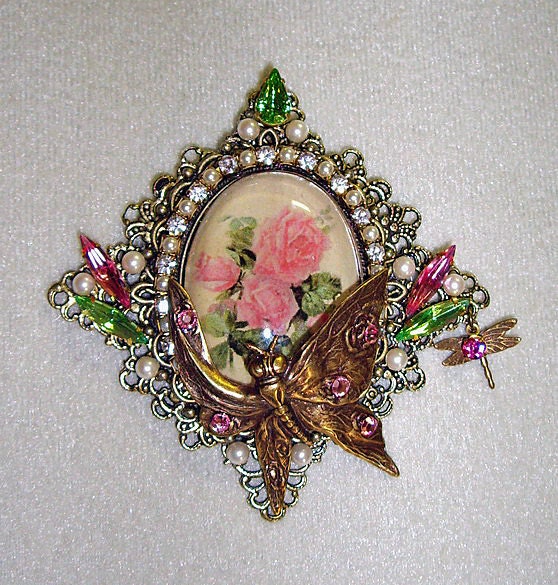 Pink Roses In A Cameo Pin Brooch/Pendant NEW OOAK Signed Caroline Erbsland