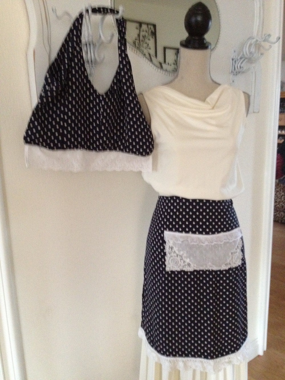 Lucy Apron adorned with vintage lace and Hanky as front pocket.