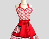 Womens Sweetheart Apron / Cute Red and White Polka Dot Butterflies Flutter above a Solid Red Double Layer Skirt