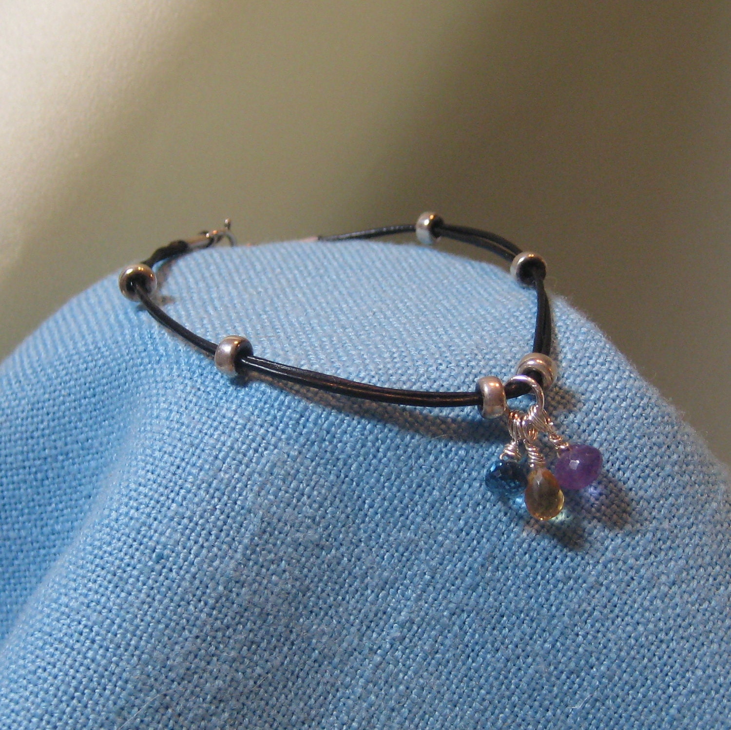 Gemstone Bracelet Multi Gemstone Bracelet London Blue Topaz Citrine Amethyst Gemstone Bangle Sterling Silver Black Leather JJDLJewelry art