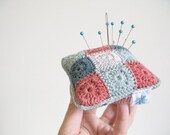 crochet pincushion... Nancy - teal blues, silver grey and vintage coral ...MADE TO ORDER