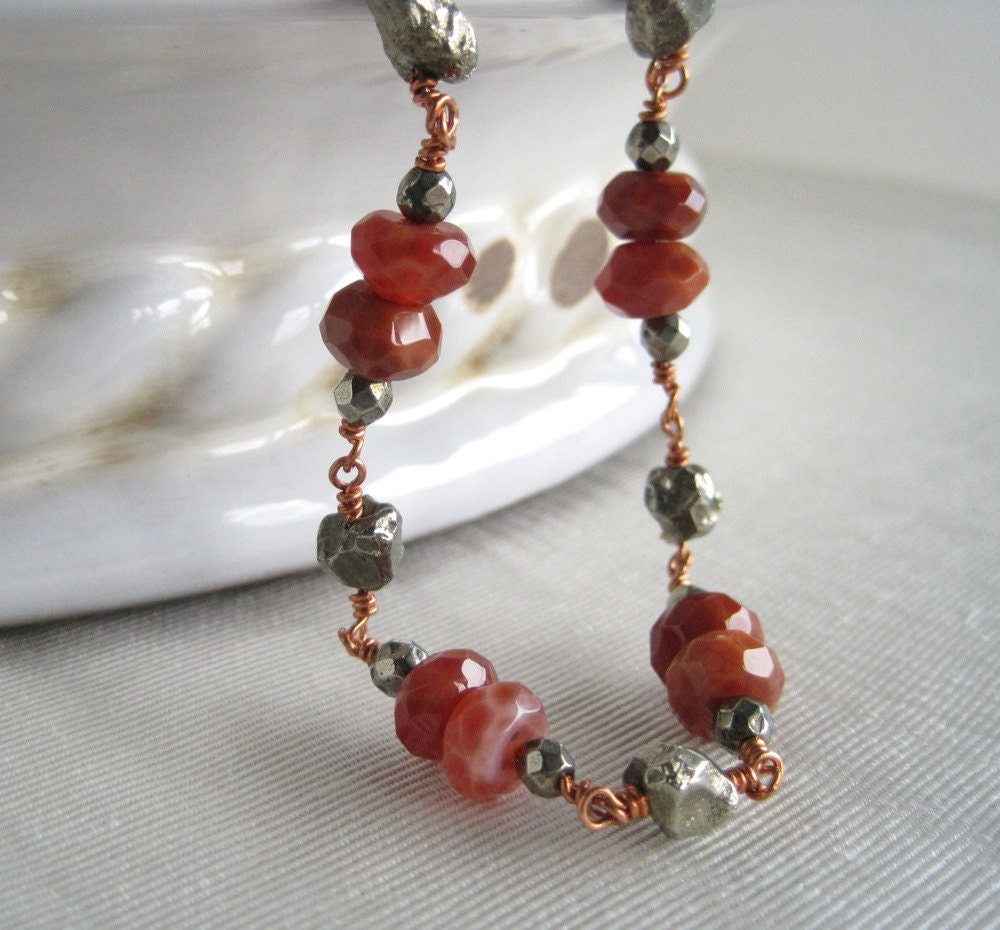 Fire Crab Agate Pyrite Necklace Hand Wrapped Wire Wrapped Copper