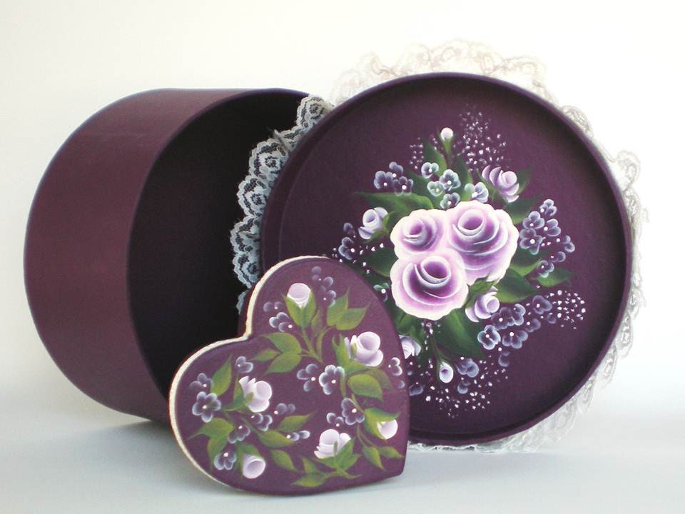 Hand Painted Hat Boxes - Deep Purple with Lavender Roses, Babys Breath - 1 Lg, 1 Mini Heart Mother and Daughter
