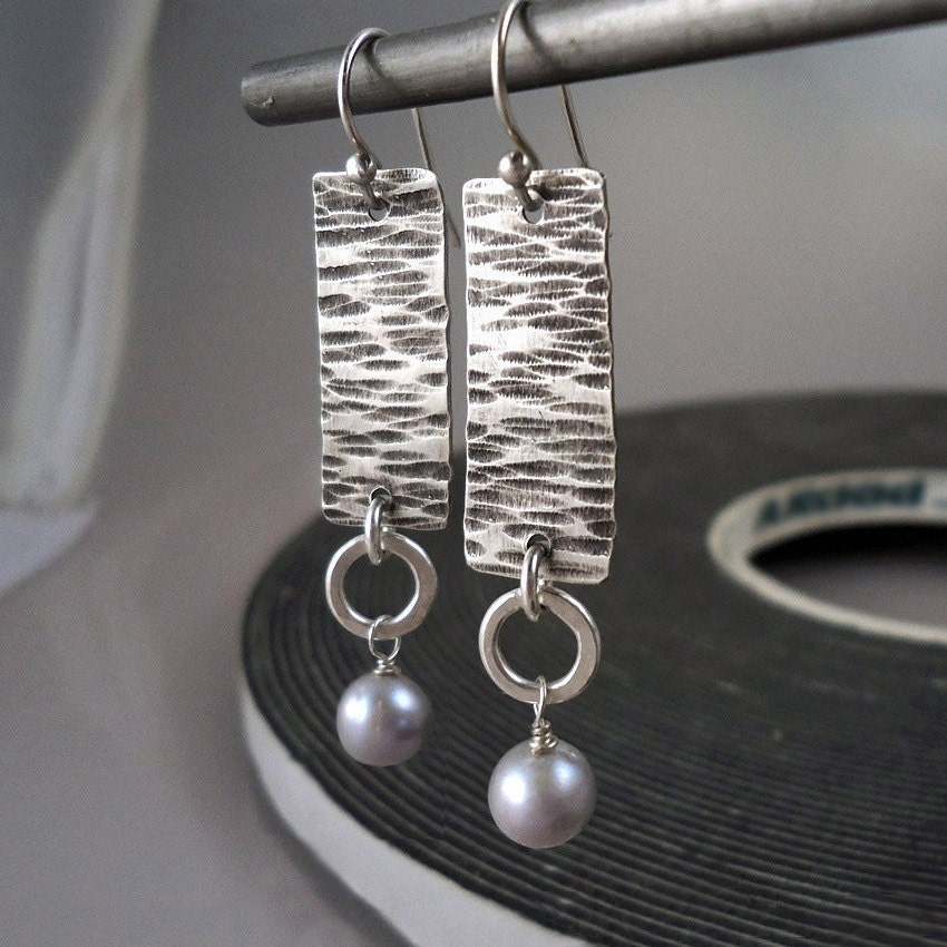 Hammered Silver and Pearl Earrings - Moon Over Water - FREE shipping