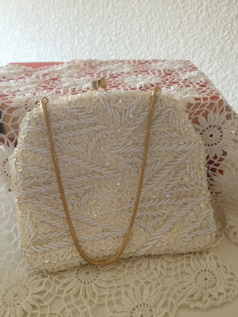 Creamy white sequin and beaded small purse