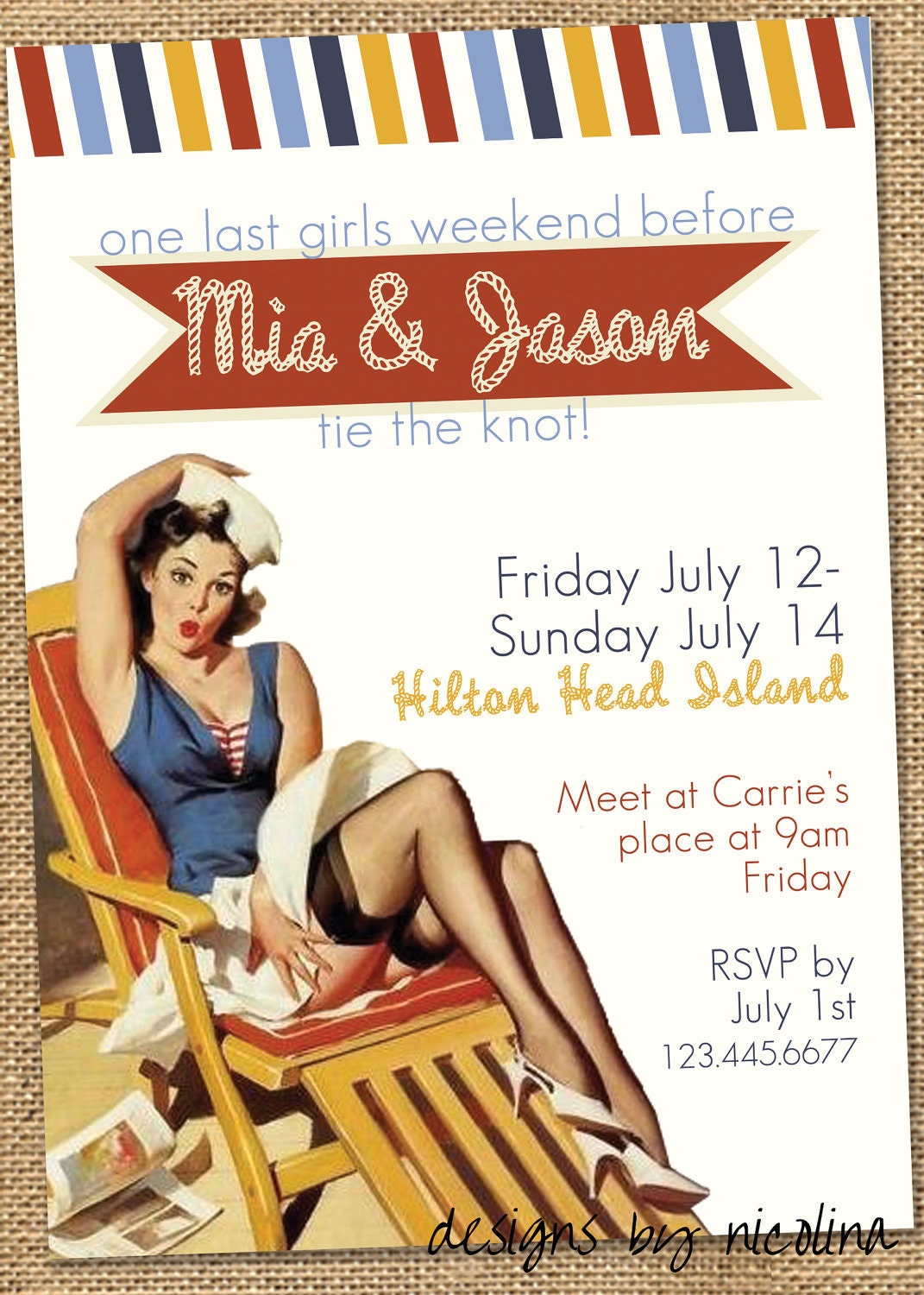 Tying the Knot- Vintage Sailor Pin Up BACHELORETTE Lingerie Shower PRINTABLE Invitation
