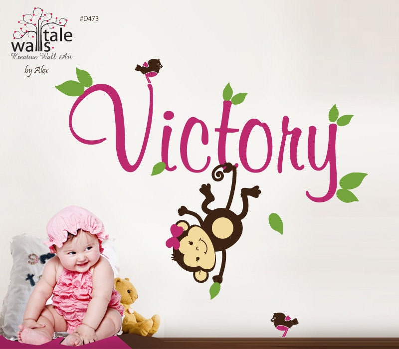 Monkey wall decal with name and little birds for girl or boy nursery.