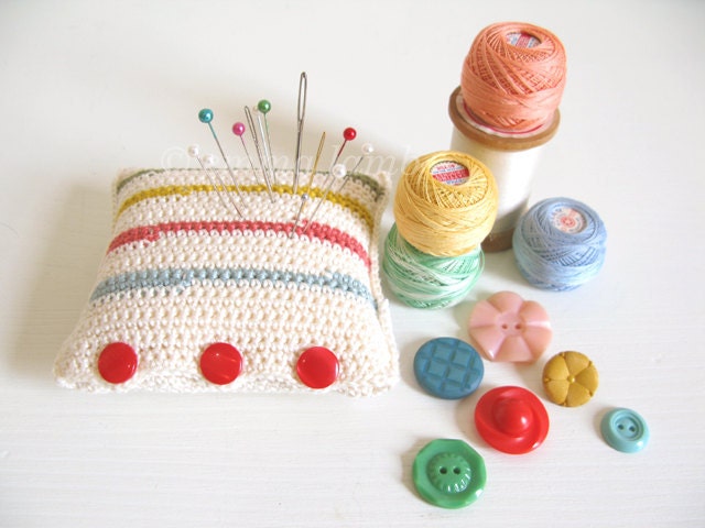 NEW crochet pincushion... Hettie - retro stripes and bright red buttons ...Ready to ship