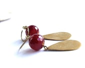 Ruby Red Agate, Floral Textured Brass - Gemstone Earrings -Ruby - Handmade Fashion